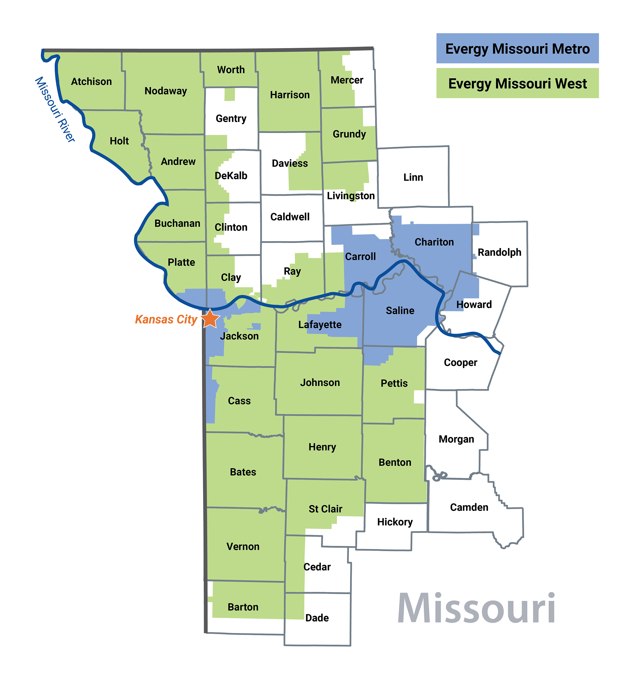 A map highlighting the areas that are Missouri West